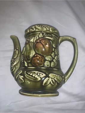 Vintage Tilso Japan Green Ceramic Fruit-Relief Decorative Pitcher
